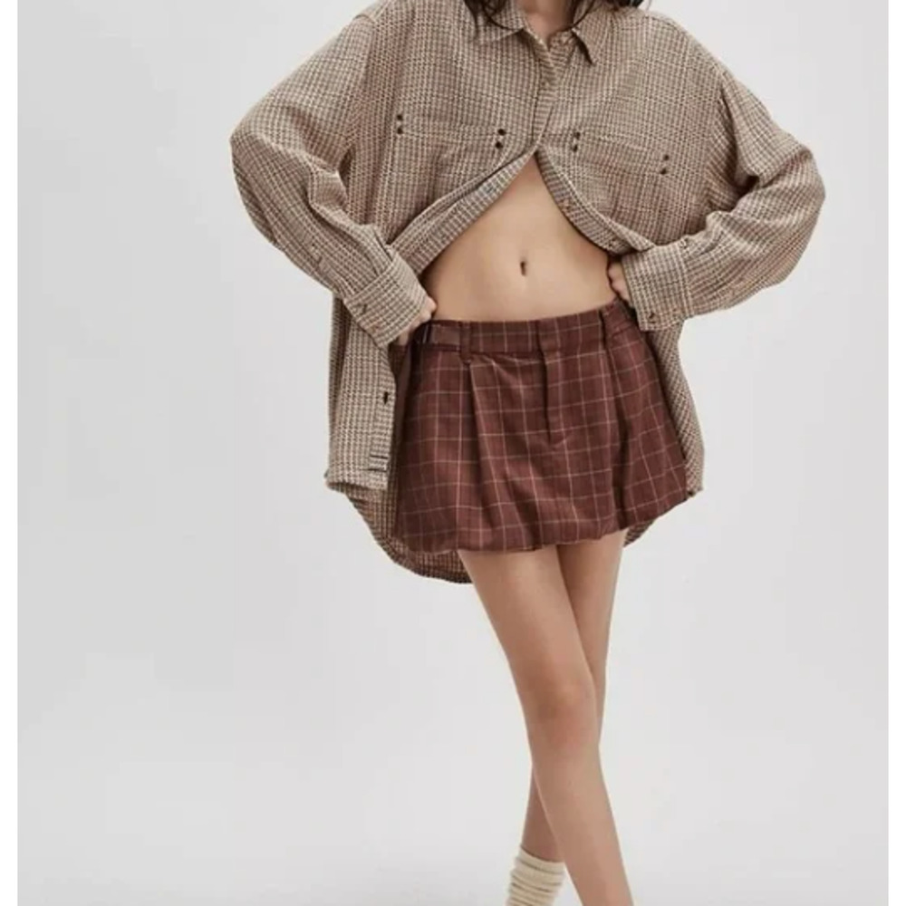 NWT Free People Saturn Brown Plaid Bubble Mini Skirt 6 Dark Academia Low Rise